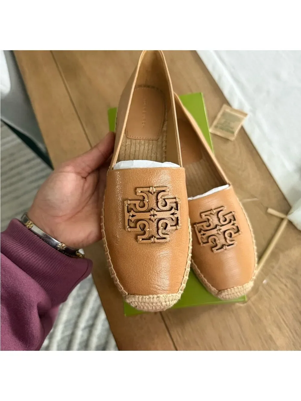 New Tory Burch Espadrilles Cut-Out Logo Leather Espadrille in Ginger Shortbread